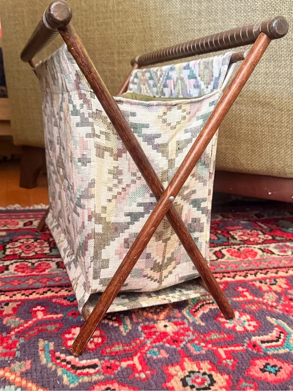 Vintage Tapestry Magazine Rack/Yarn Bag in Muted Pastel Geometric Kilim